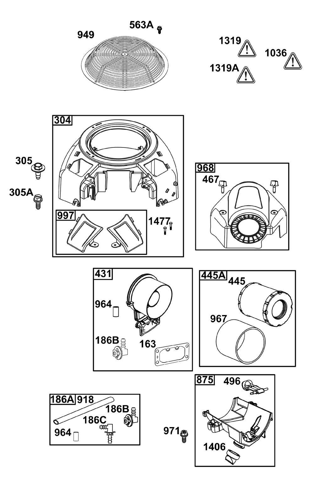 Blower Housing And Air Cleaner Group Diagram and Parts List for 44T977-0040-G1 400000 - 699999 Briggs and Stratton Engine